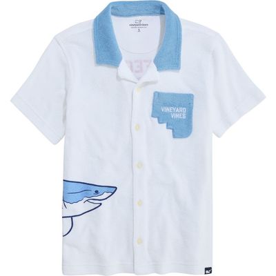 vineyard vines vineyard vines Kids' Shark Graphic Terry Trim Button-Up Shirt