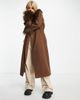 VIOLET ROMANCE Violet Romance belted longline coat with faux fur trims in chocolate brown - 1