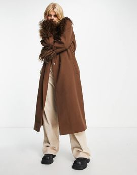 VIOLET ROMANCE Violet Romance belted longline coat with faux fur trims in chocolate brown
