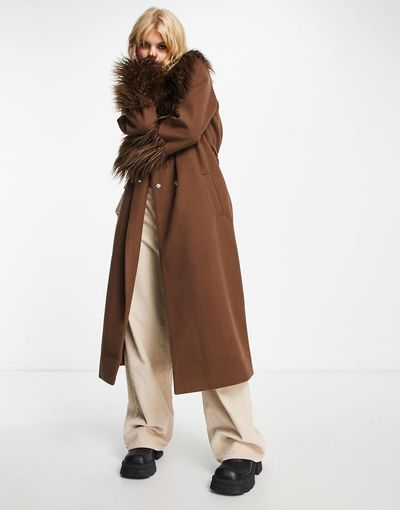 VIOLET ROMANCE Violet Romance belted longline coat with faux fur trims in chocolate brown