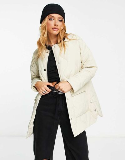 VIOLET ROMANCE Violet Romance collarless quilted jacket with pockets in stone-Neutral