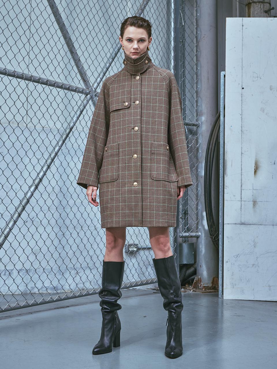 VISIT IN NEWYORK Check Pattern Balmacaan Trench Coat (VAABB73)