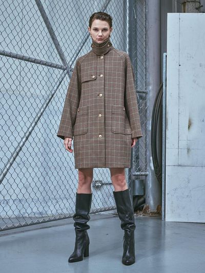 VISIT IN NEWYORK Check Pattern Balmacaan Trench Coat (VAABB73)
