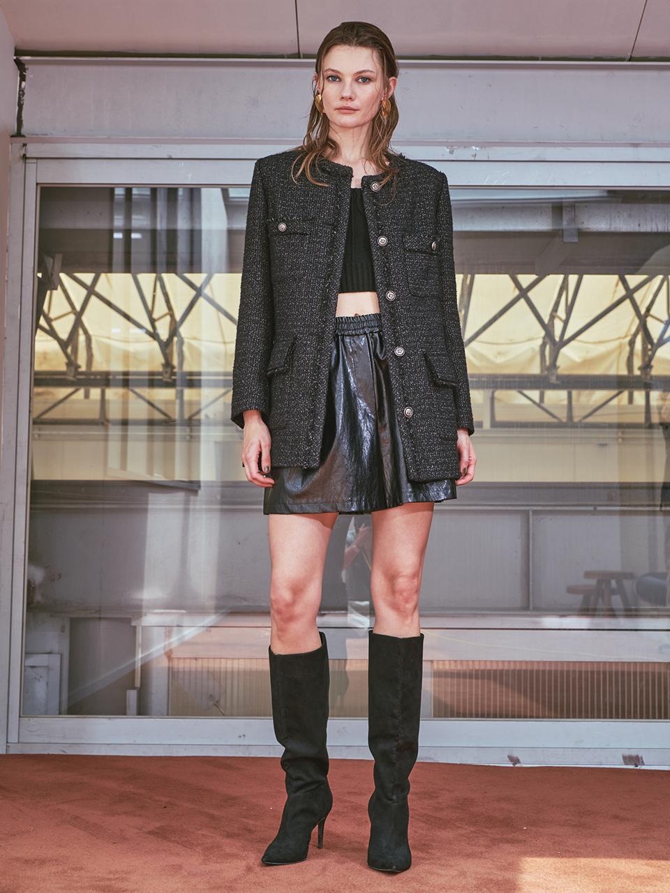 VISIT IN NEWYORK Collarless Fringe Tweed Jacket (VAAJK27)