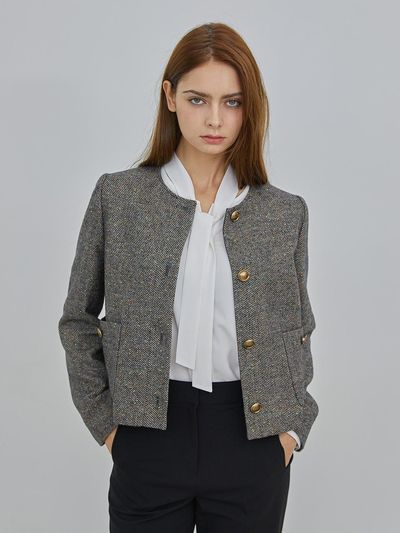 VISIT IN NEWYORK Collarless Out Pocket Tweed Jacket (VAAJK21)