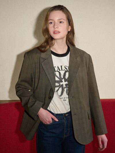 VITALSIGN Oversized Two Button Plaid Jacket_Khaki Brown