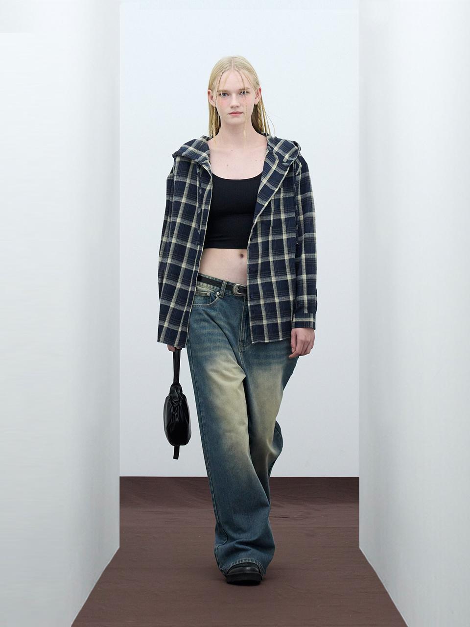 VIVABROWN Hooded Overfit Tartan Check Long Sleeve Shirt [Navy] (85-VIVA102)
