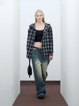 VIVABROWN Hooded Overfit Tartan Check Long Sleeve Shirt [Navy] (85-VIVA102)