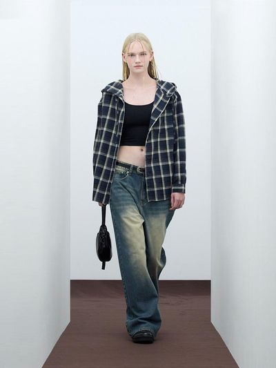 VIVABROWN Hooded Overfit Tartan Check Long Sleeve Shirt [Navy] (85-VIVA102)