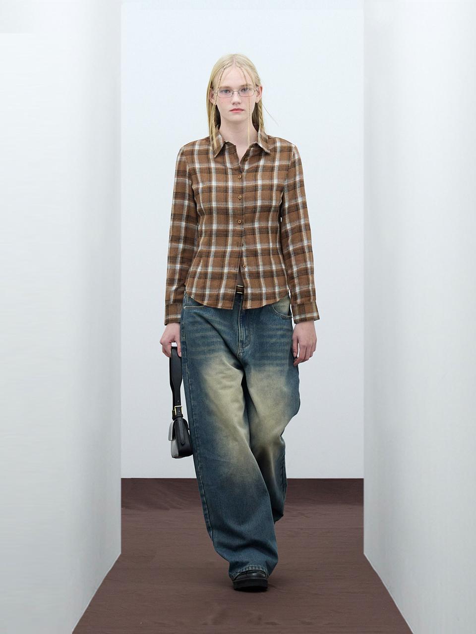 VIVABROWN Slim Fit Long Sleeve Tartan Check Shirt [BROWN] (85-VIVA076)