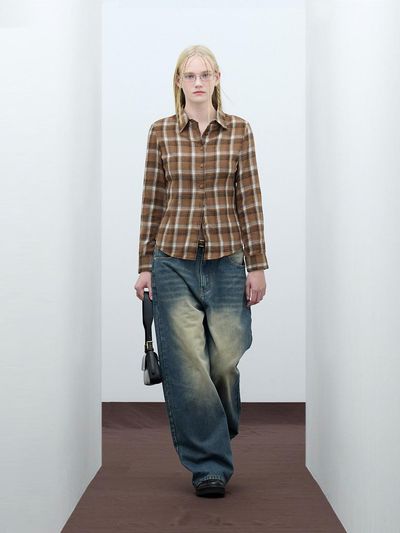 VIVABROWN Slim Fit Long Sleeve Tartan Check Shirt [BROWN] (85-VIVA076)