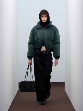 VIVABROWN Utility Glossy Curved Line Short Padded Jacket [Green] (85-VIVA045)