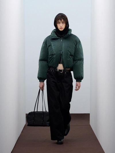 VIVABROWN Utility Glossy Curved Line Short Padded Jacket [Green] (85-VIVA045)