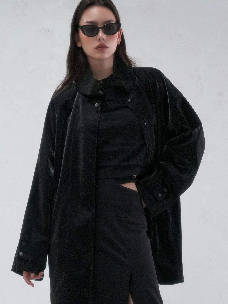 vivacious Angti Art Leather McCoat BLACK