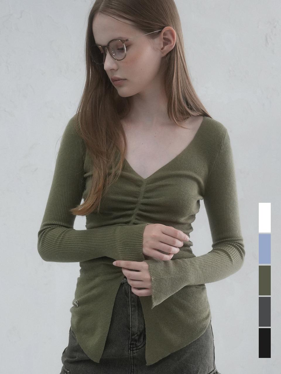 vivacious Blanc Shirring Slit Knitwear - 5COL