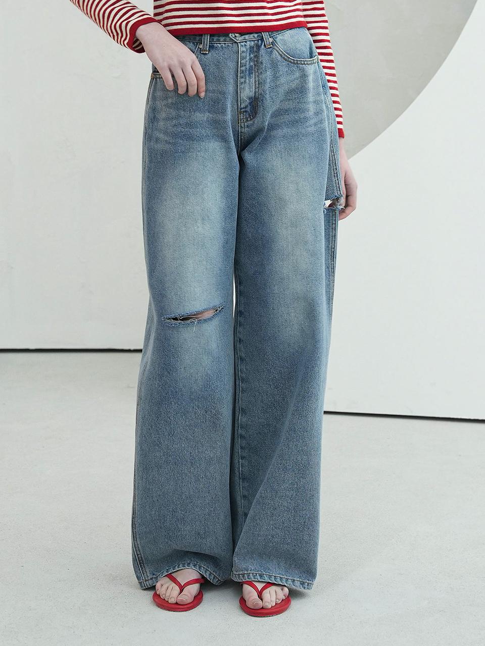 vivacious Cut-Off Wide Denim Pants - Light Blue
