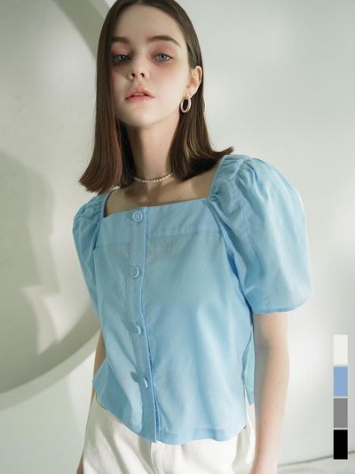 vivacious Pellier Square Neck Puff Sleeve Blouse - 4COL