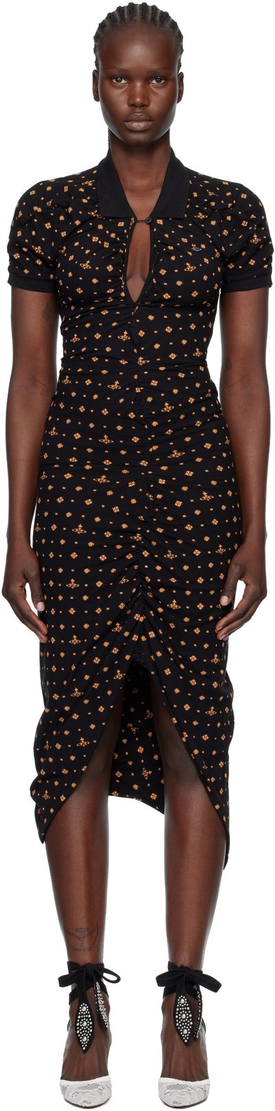 Vivienne Westwood Vivienne Westwood Black Printed Piquet Pulling Midi Dress