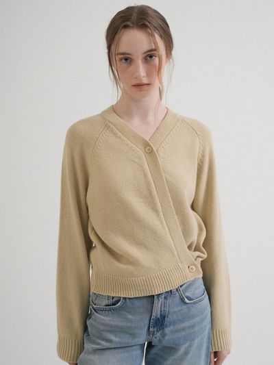 VLETI V-neck Button Wrap Knit Cardigan (Beige)