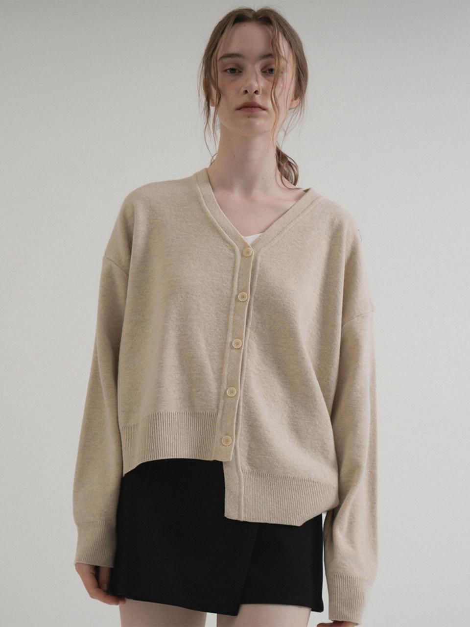 VLETI V-neck Unbalance Knit Cardigan (Beige)