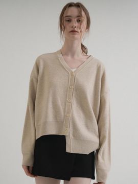 VLETI V-neck Unbalance Knit Cardigan (Beige)