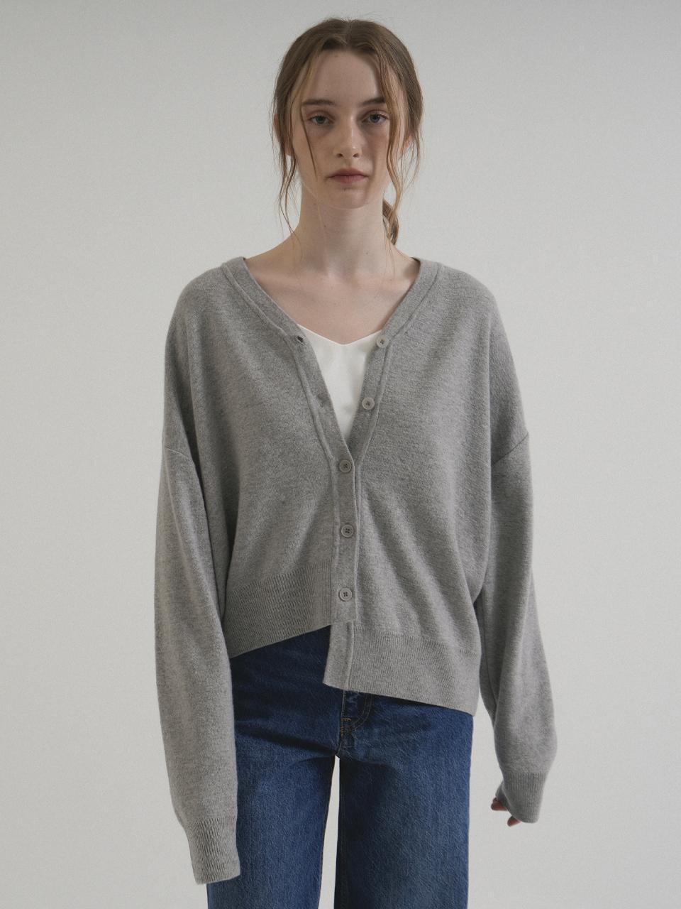 VLETI V-neck Unbalance Knit Cardigan (Gray)