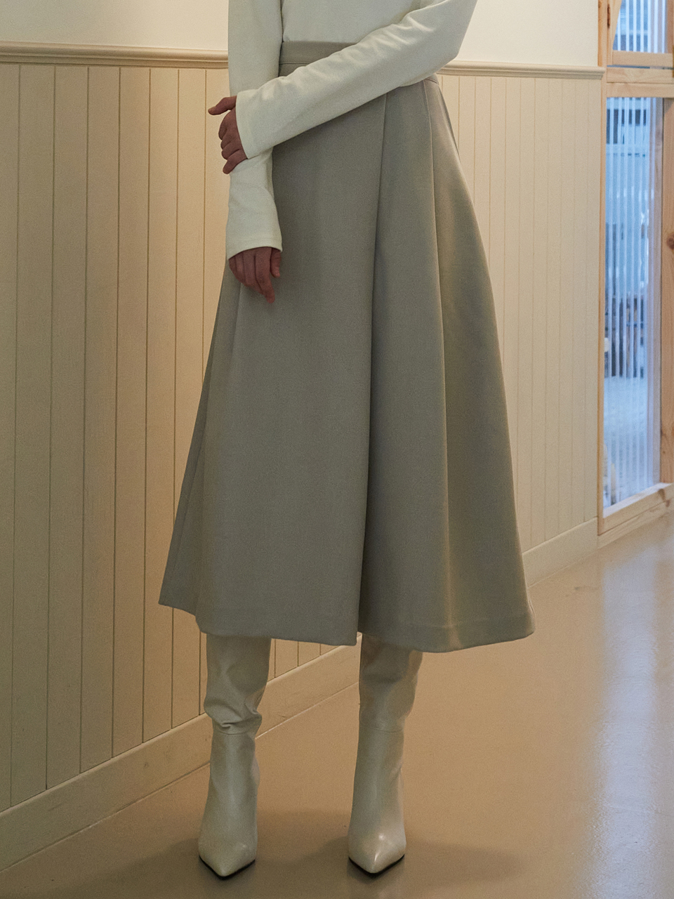 VOIEBIT for WOMEN A-line Pintuck Maxi Skirt_Light Beige