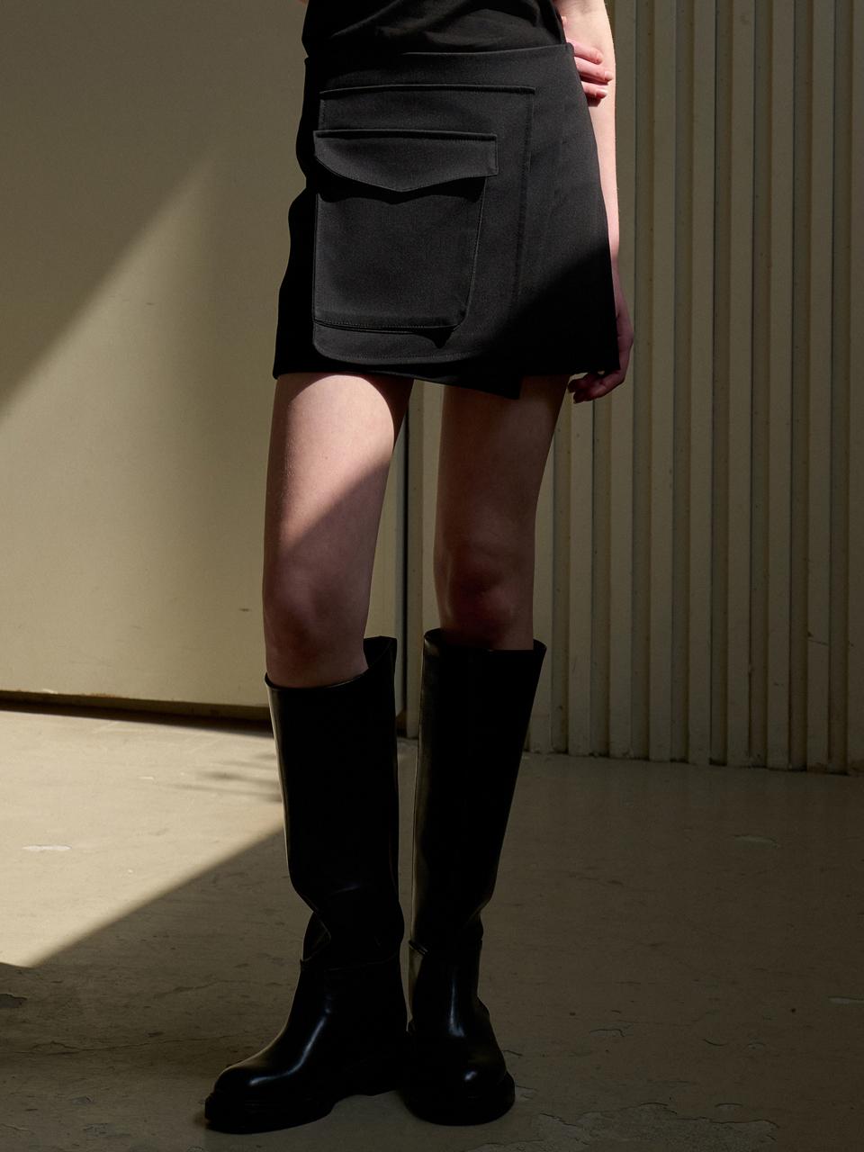 VOIEBIT for WOMEN Diagonal Pocket Wrap Mini Skirt_Black