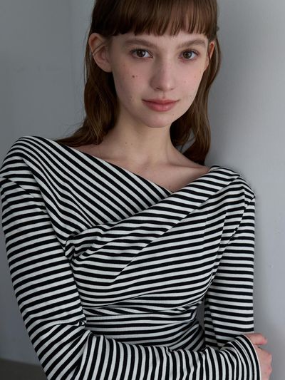 VOIEBIT for WOMEN Diagonal Wrap Shirring Top - Stripe