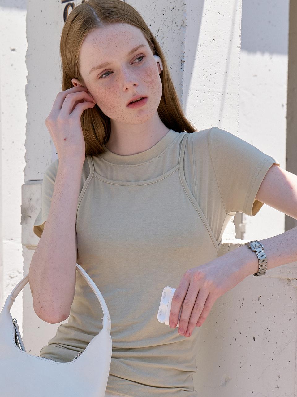 VOIEBIT for WOMEN Layered Point Half Sleeve Top_Khaki