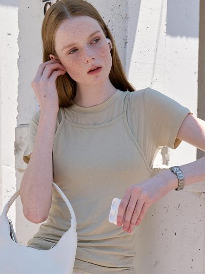 VOIEBIT for WOMEN Layered Point Half Sleeve Top_Khaki
