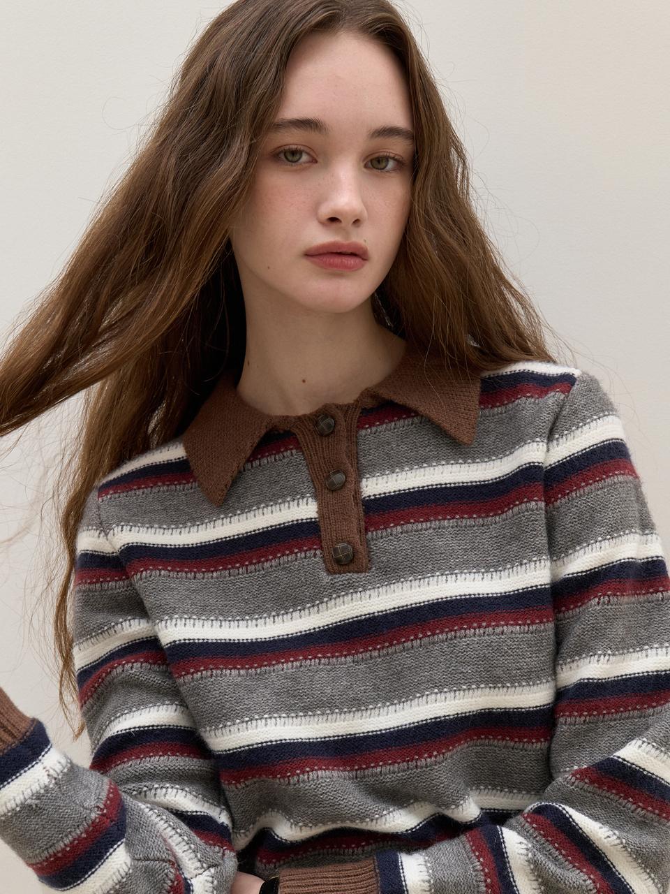 VOIEBIT for WOMEN Line-up striped collar knitwear (gray) VW315