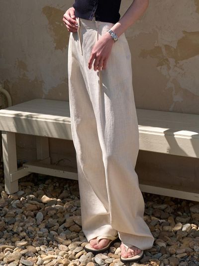 VOIEBIT for WOMEN Linen One Pin-tuck Slacks Trousers [Natural] (VW488)