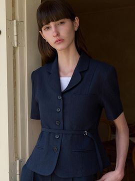 VOIEBIT for WOMEN Linen Peter Pan Collar Half Blazer [Deep Navy] (VW498)