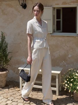 VOIEBIT for WOMEN Linen Peter Pan Collar Half Jacket Linen One-Pleat Slacks Set [Natural] (VW525)