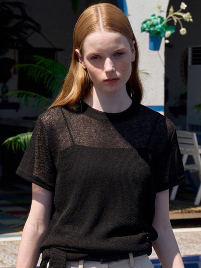 VOIEBIT for WOMEN Linen Waist Wrap Half Sleeve Knit Top_Black