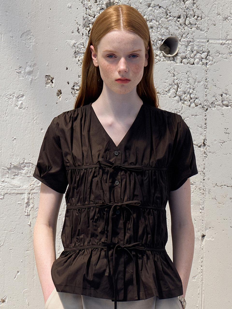 VOIEBIT for WOMEN Ribbon Point Shirring Blouse_Black