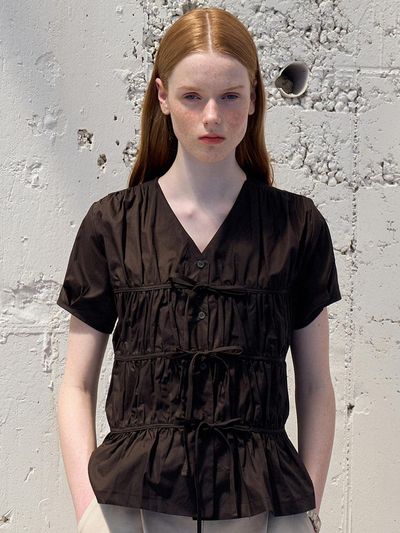 VOIEBIT for WOMEN Ribbon Point Shirring Blouse_Black