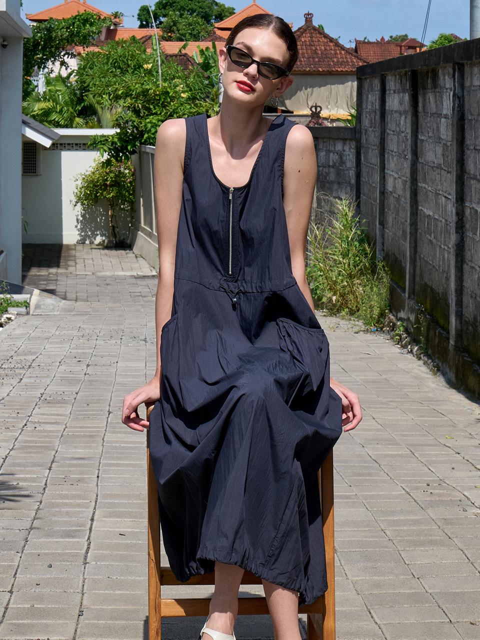 VOIEBIT for WOMEN Shirring Crispy Long Dress_Navy