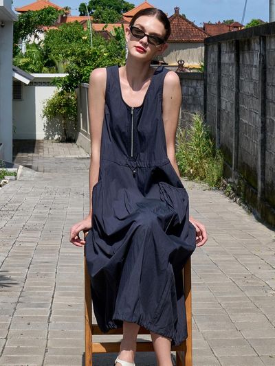 VOIEBIT for WOMEN Shirring Crispy Long Dress_Navy