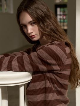VOIEBIT for WOMEN Shirring Detail Stripe Knitwear Top Brown VW309