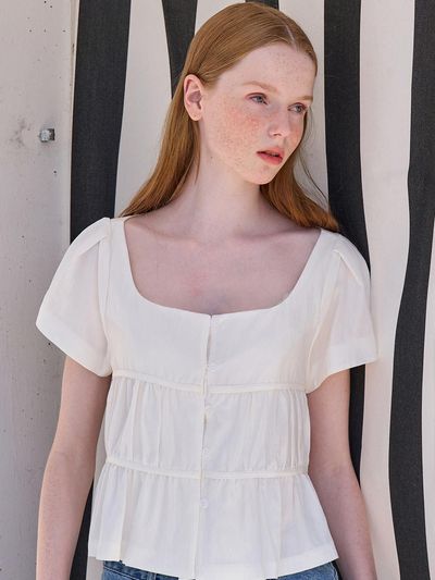 VOIEBIT for WOMEN Shirring Square Neck Blouse_White