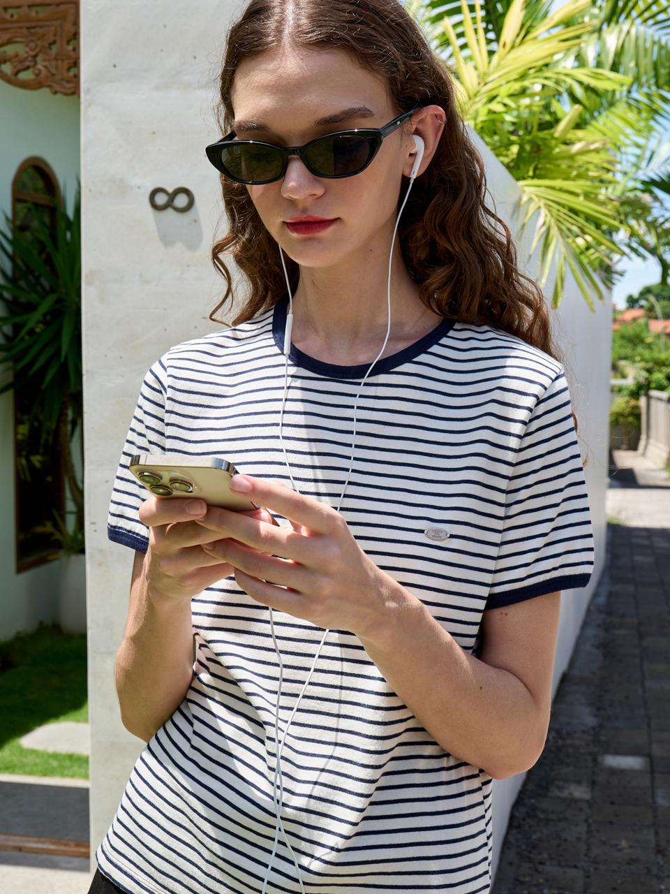 VOIEBIT for WOMEN Signature Tip Stripe Cotton Top_Navy
