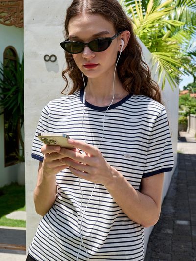 VOIEBIT for WOMEN Signature Tip Stripe Cotton Top_Navy