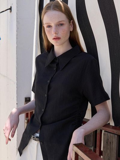 VOIEBIT for WOMEN Tencel Summer Shirring Point Half Shirt_Black