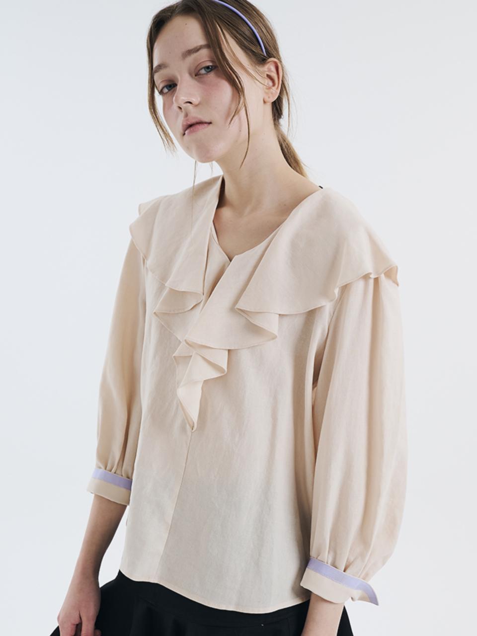 VOYONN 3/4 Length Frilled Collar Linen Blend Blouse [Beige] (0005A)