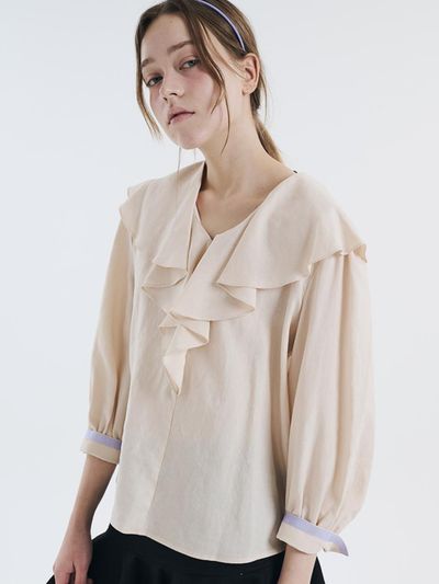 VOYONN 3/4 Length Frilled Collar Linen Blend Blouse [Beige] (0005A)