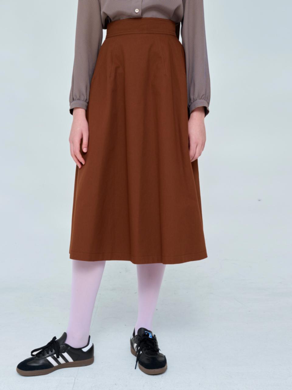 VOYONN A-line Volume Long Cotton Pleated Skirt [Brown] (0123)