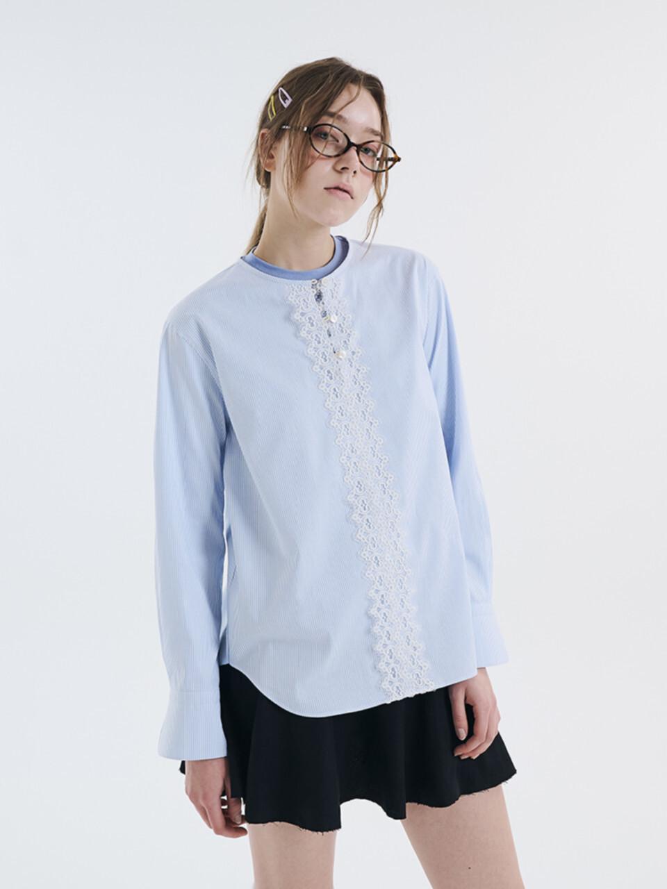 VOYONN Center Lace Pinstripe Shirt [Blue] (0101)