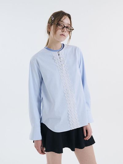 VOYONN Center Lace Pinstripe Shirt [Blue] (0101)